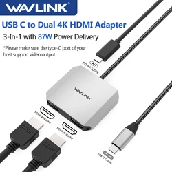 Wavlink 듀얼 HDMI 호환 USB C-듀얼 모니터 비디오 어댑터, 4K @ 60Hz, 3-in-1 HDMI 어댑터, 87W 전원 공급, USB3.1 허브