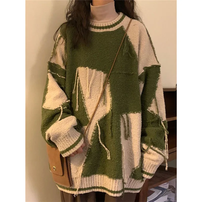 

Gidyq Korean Women Knitted Sweater Autumn Fashion Patchwork Tassel Female Loose Jumper Streetwear Casual Student Pullover Tops