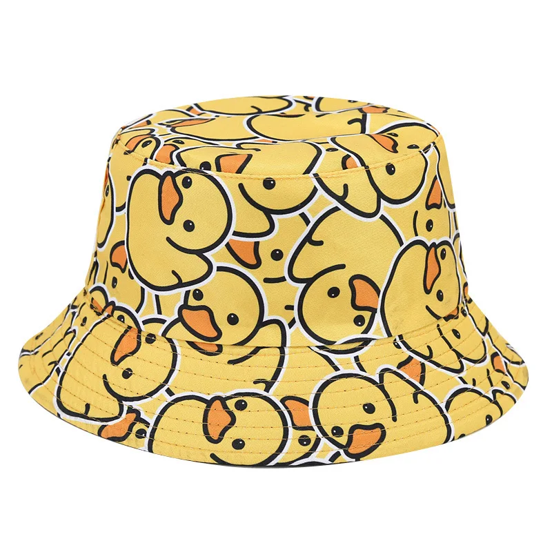 Double Sided Bucket Hat Cartoon Little Duck All Over Print Fisher Cap Unisex Teen Foldable Wide Brim Sun Hat Hip Hop Street Outd