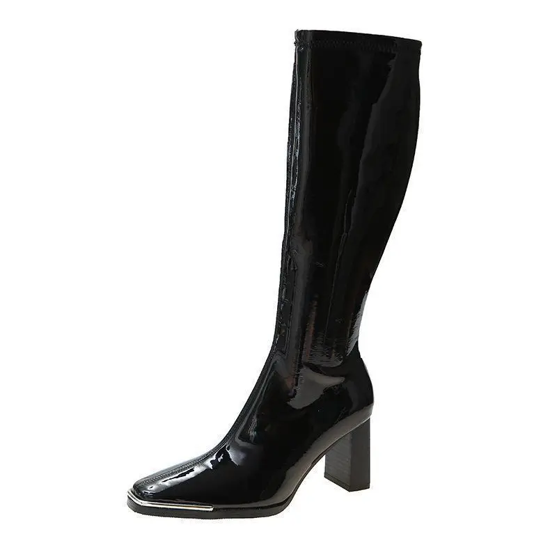 Black Very High Heel Footwear Square Toe Long Ladies Boots Shoes for Women Winter Knee Shaft Elastic 2024 Novelty Pu New in Boot