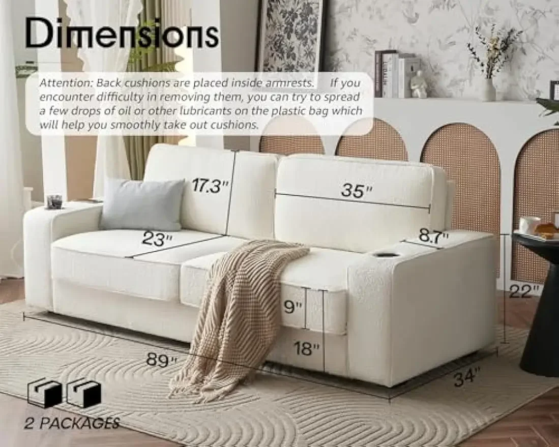 Comfy Couch, 89 inch Deep Seat Sofa with USB Charging Ports, Modern Sofa Couch- Offwhite Bouclé Couch for Living Room