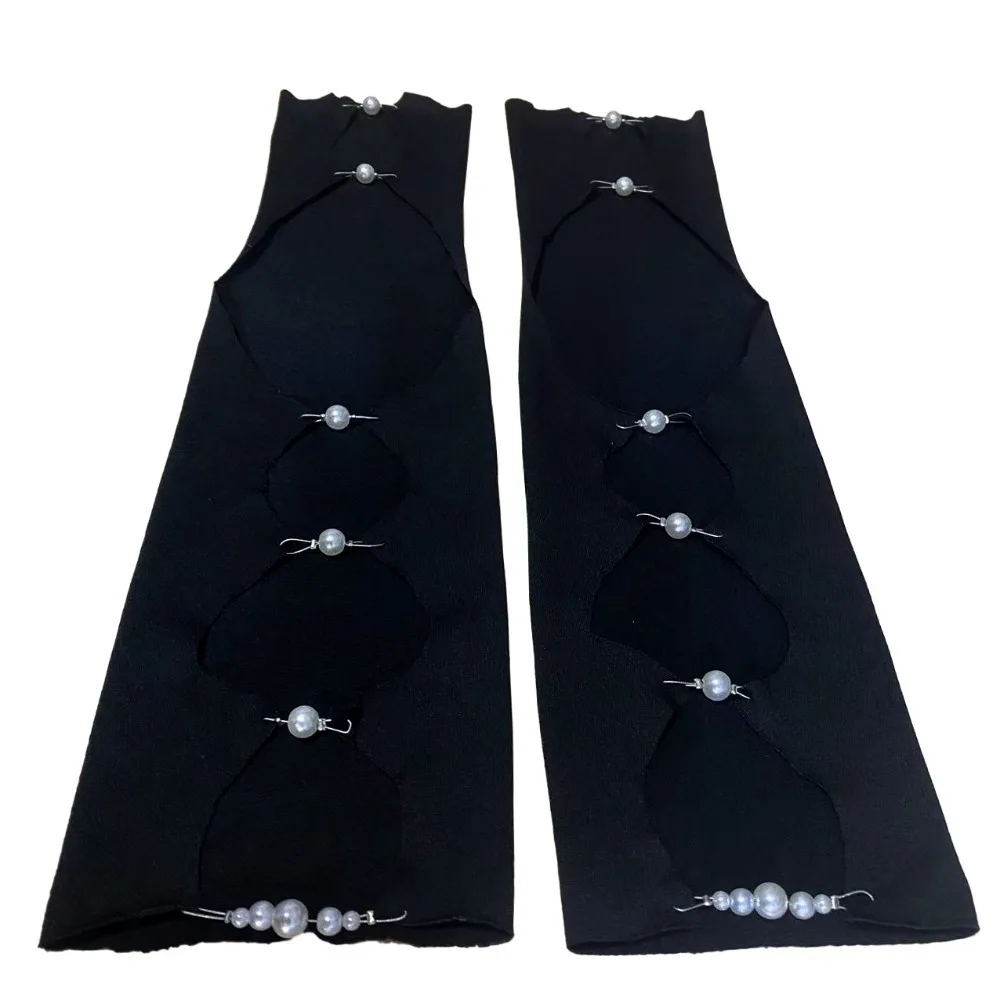 Protezione UV Manicotti per braccio punk neri freddi Elastico Y2K Perla Mezze dita Copri braccio Calzini per gambe Manica sottile scavata al polpaccio Estate