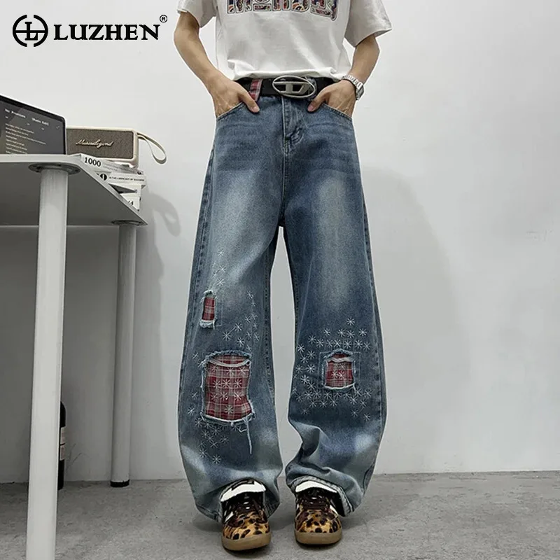 

LUZHEN Broken Hole Patched Patchwork Design Plaid Printed Wide Leg Jeans Men's 2025 New High Quality Street Denim Pants JY3036