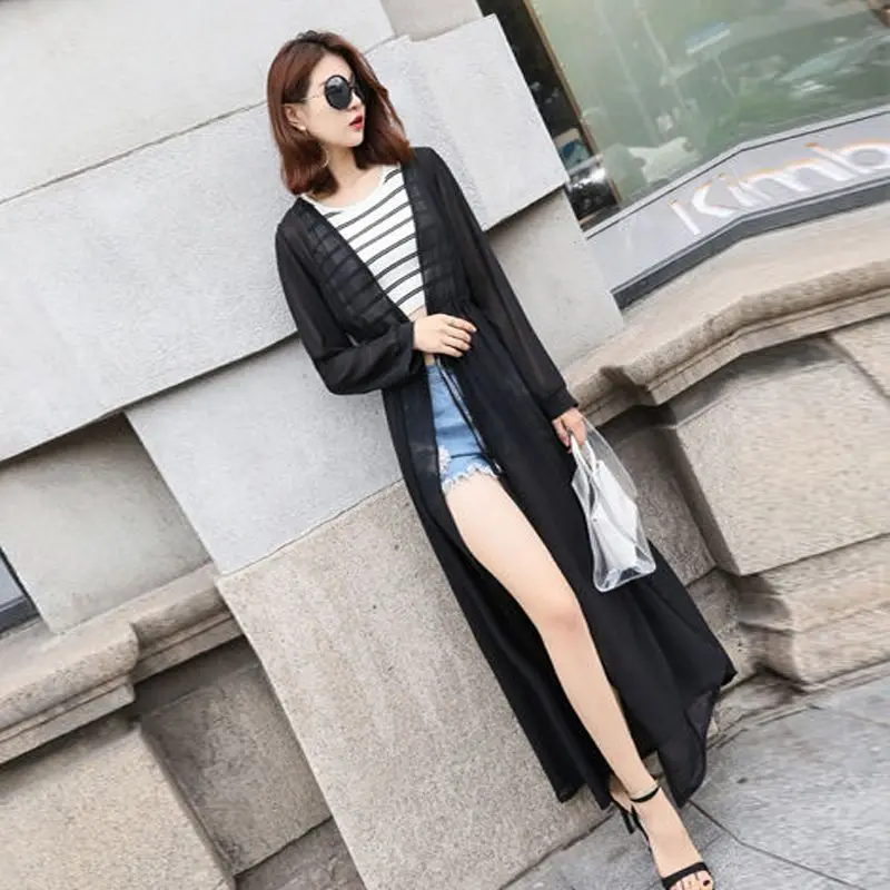 Koreanische Sommer Frauen Chiffon bedruckte Kleidung Strand Strickjacke transparente Abdeckung Sonnenschutz Kleidung langes Hemd e311