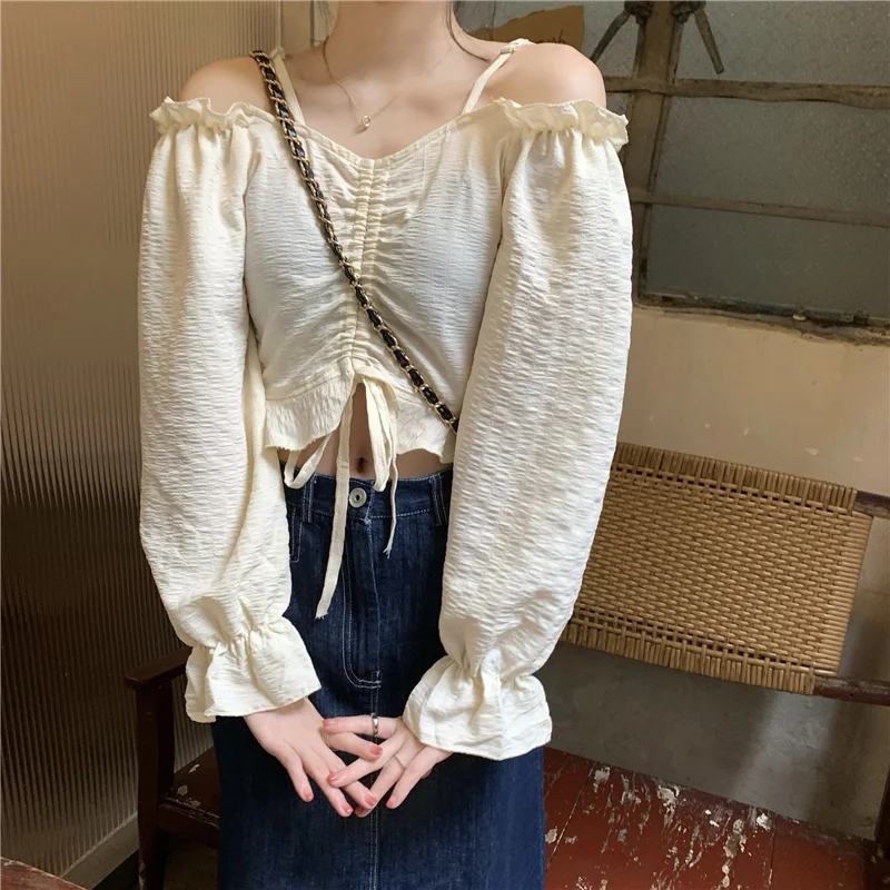 Korean Style Off Shoulder Short Shirt Women Adjustable Shoulder Strap Drawstring Ruffles Blouse Thin Slash Neck Hotsweet Tops