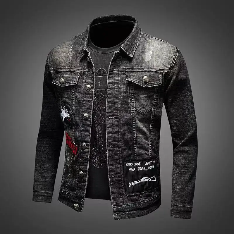 

Spring Autumn Embroidered Jeans Jaet Men's Korean Sle Slim Fit Trendy Jaet Cotton Denim Skull Pattern Long Sve Casua...