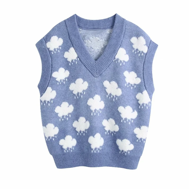 Sleeveless Knit Sweater Vest Autumn Women Knitted Pullover Loose Cloud Print V-neck Sweaters Top Winter Clothes Women 15990