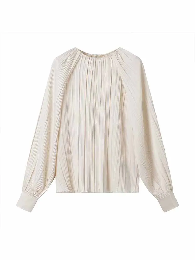 

Women 2024 New Fashion Loose Casual Pleated Textured Draped Blouses Vintage O Neck Long Sleeve Female Shirts Chic Tops