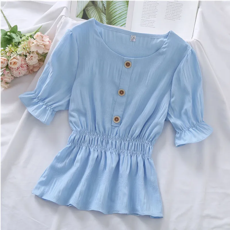 2023 Summer Women's T-shirt Korean High Waist Ruffled Short-sleeved O-Neck Shirts for Women Solid Slim Top for Woman