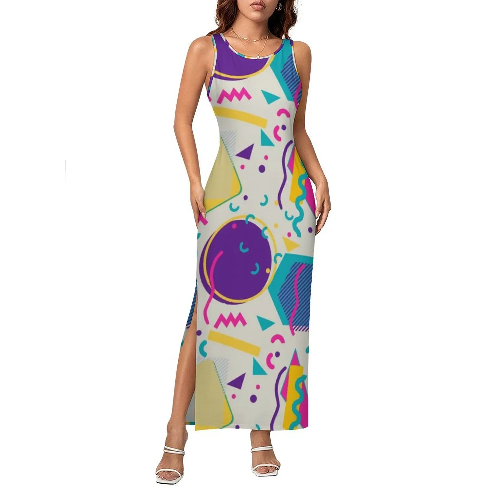 

Lady Bodycon Dress Elegant Memphis Style Maxi Dresses Summer Retro 80s Light Design Sleeveless Aesthetic Design Dress Large Size