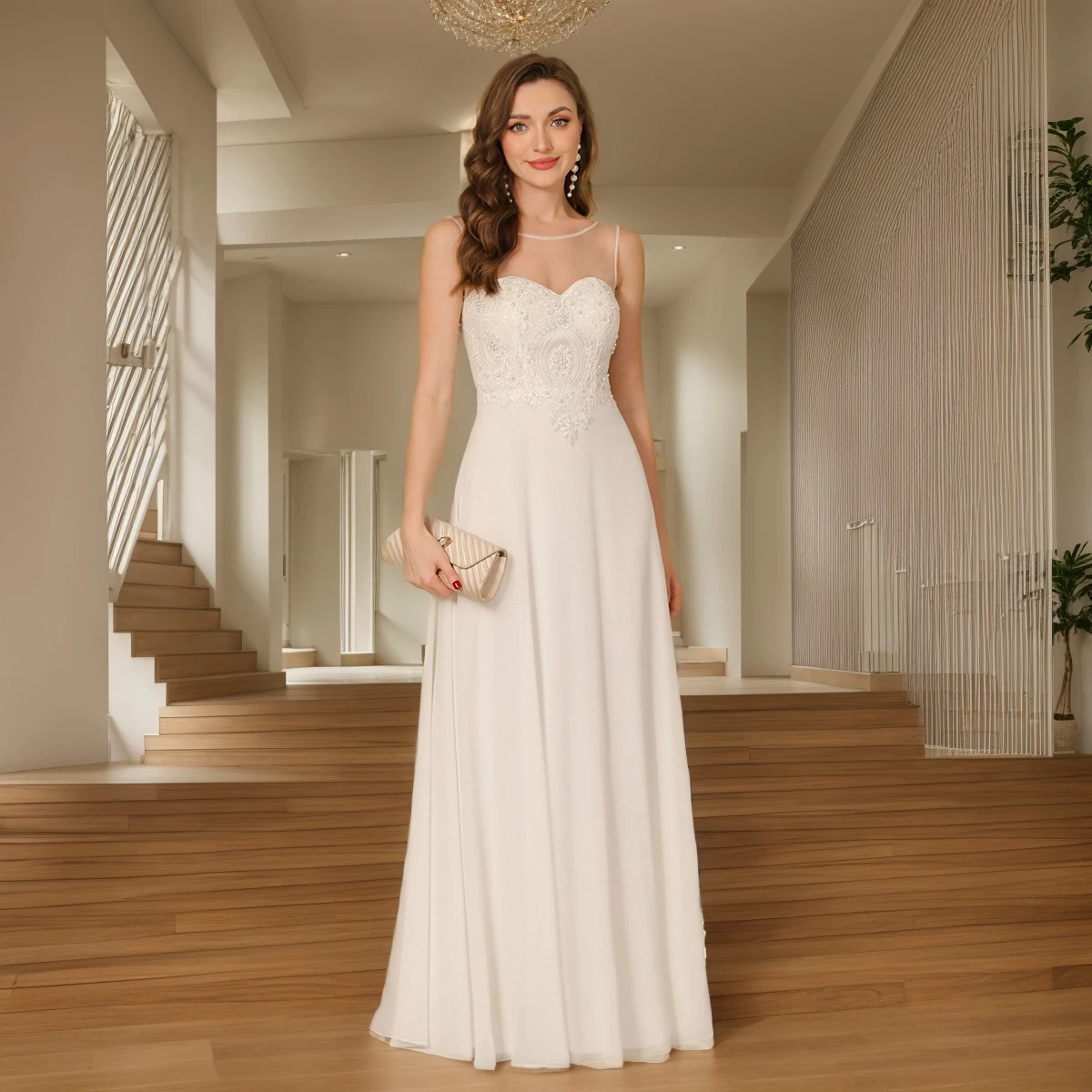 Długie sukienki damskie bez rękawów, seksowne, z iluzorycznym dekoltem typu O, odkryte plecy, aplikacje koronkowe, sukienki wieczorowe, szyfonowe sukienki na imprezę, studniówkę, w kształcie litery A.