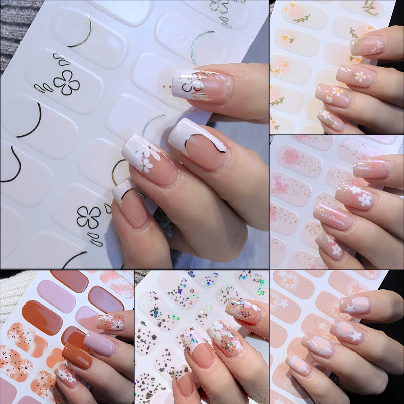 16 Tips Glitter Lentebloemen Volledige dekking Nagelstickers Zelfklevende volledige nagelstickers Nageldecoratie Creatieve nagelkunst
