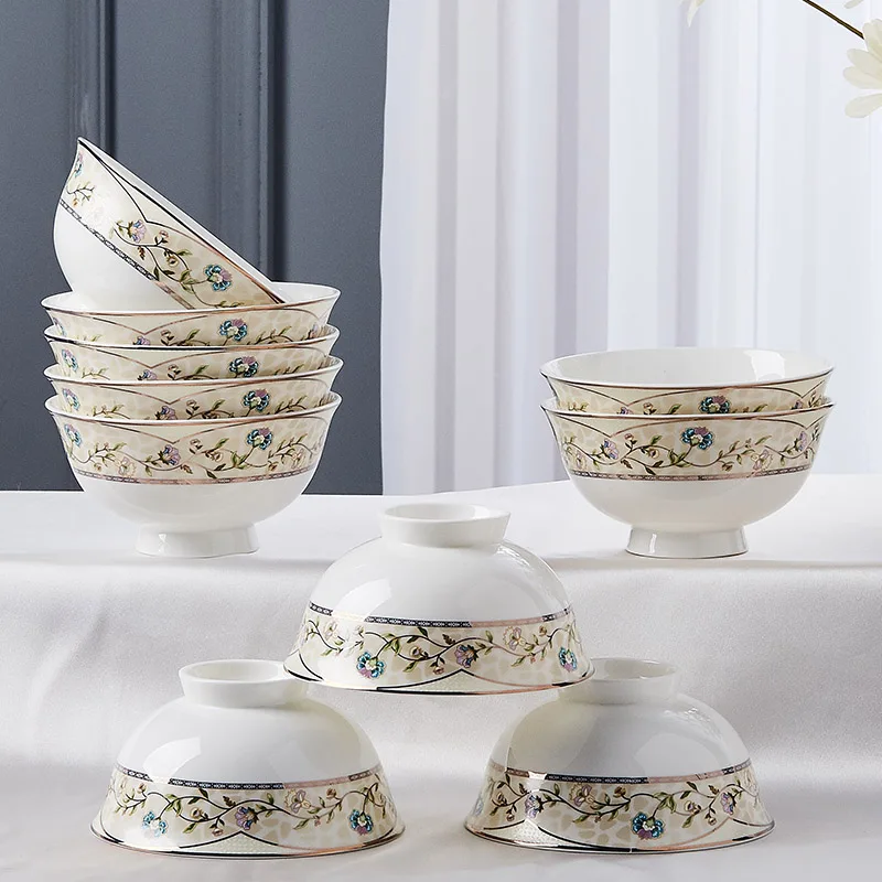 

10Pcs Tableware Anti-Scald Tall Bowl Chinese Bone China Rice Dish Ceramic Household Golden Trim Palace Overglazed Color Figure