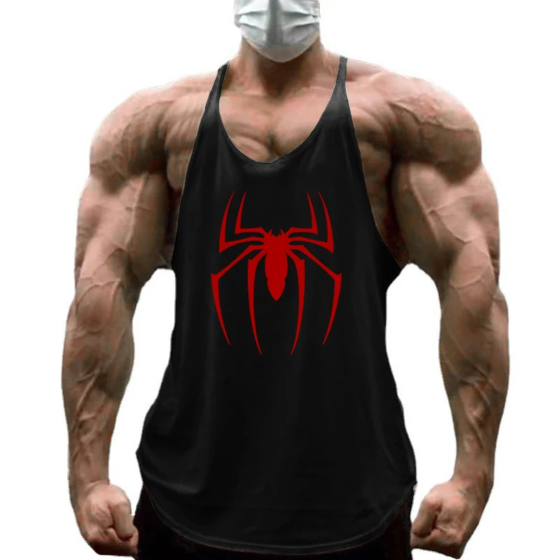 

Red Spider Printed Sleeveless Cotton Y-back Tank Tops Gym Fitness Bodybuilding Sport Shirts Breathable Mens Workout Muscle Vests