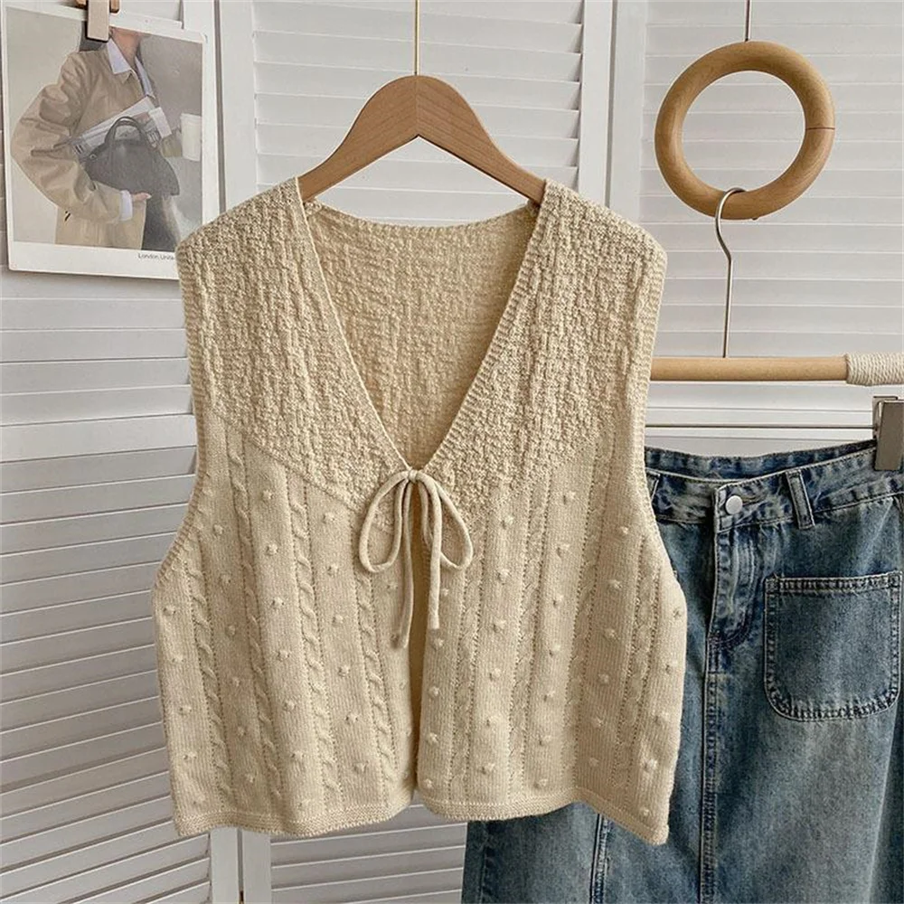 Korean V-neck Sleeveless Simple Knitted Cardigan Female Waistcoat Autumn Loose Casual Top Vintage Lace Up Sweater Vest Women New