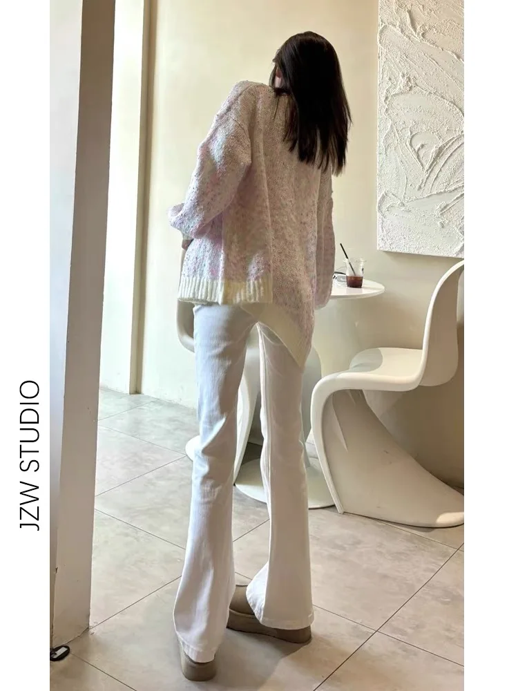 

Белые утягивающие джинсы с высокой талией, прямые свободные джинсы длиной до пола, женские весенне-осенние повседневные джинсы средней длины