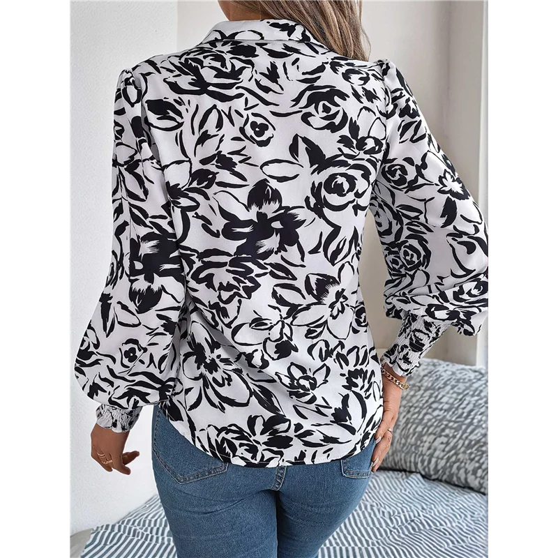 

【Party-Decoration】Women's Floral Blouses Dressy Casual V Neck Button Down Shirts Lantern Long Sleeve Boho Chiffon Tops 2025