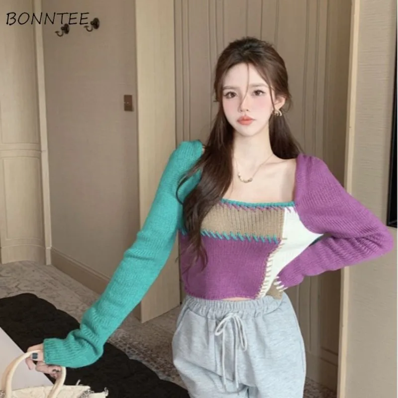 

Short Pullovers Women Retro Patchwork Panelled Square Collar Long Sleeve Knitwear Design Minority Fashion Spring Sweaters Ins