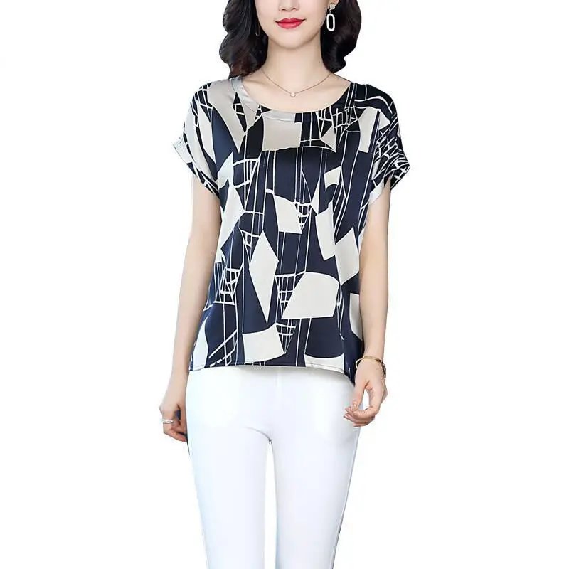 Women Vintage Geometric Print Loose Elegant T Shirt 2023 New Summer Fashion Round Neck Short Sleeve Tops Camisetas Ropa De Mujer