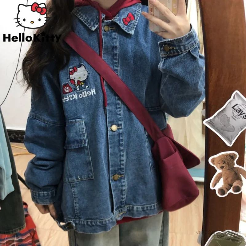 Sanurgente Hello Kitty-Veste en Jean Brodée à Manches sulfpour Femme, Manteau Cardigan Y2k, Mode Japonaise et Coréenne