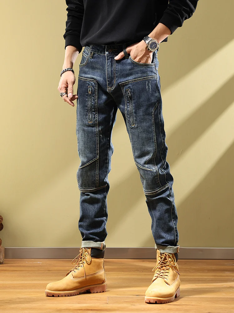 Jeans for Men Spliced Male Cowboy Pants Straight Motorcycle Trousers Skinny Tight Pipe Slim Fit Regular Korean Style Washed Soft