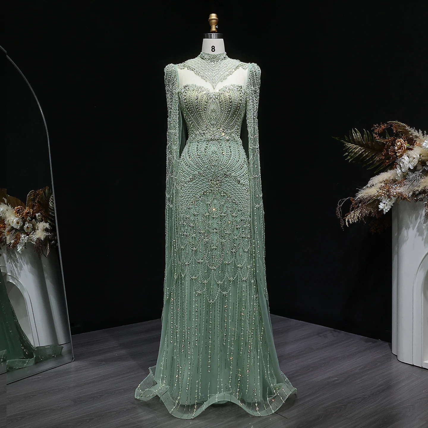 Sharon Said Elegantes Blaues Perlenbesetztes Abendkleid mit Cape-Ärmeln, Hochgeschlossenem Kragen, Arabisches Partykleid für Hochzeitsgäste SS079 Maßanfertigung – Detail 11
