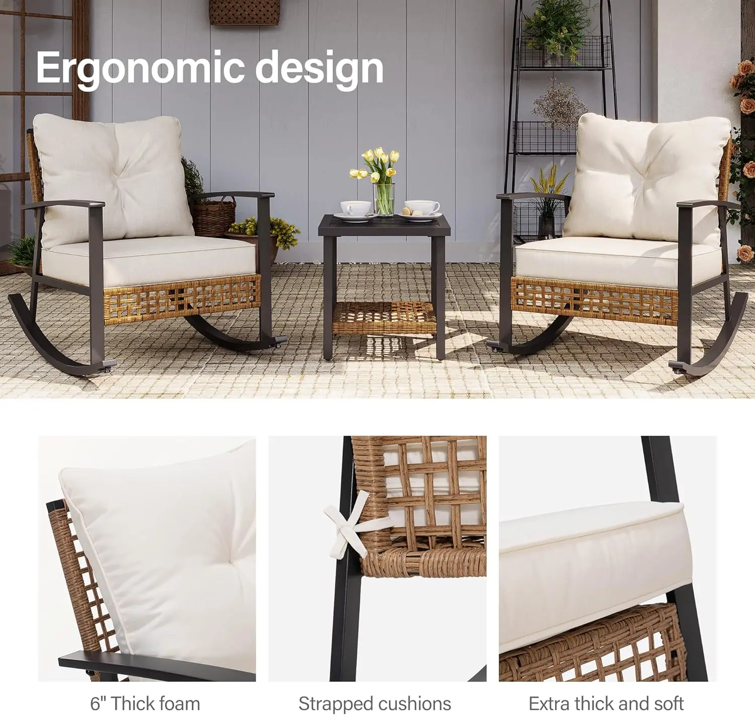 Rocking Bistro Set, Mobília ao ar livre do pátio com almofadas grossas, 2-Tier Coffee Table, Oversize Rattan Conversa Sets, 3pcs