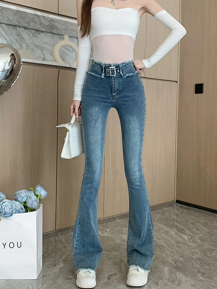 레트로 프린지 마이크로 플레어 진 여성용 가을 하이웨이스트 디자인 감각적인 탄력 있는 타이트 핏 바닥까지 닿는 힙 허깅 팬츠