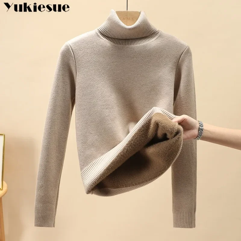 Elegant Thicken Solid Color Pullover Female Stylish Slim Velvet Lined Jumper Ladies Sueter Winter Warm Turtleneck Sweater Women