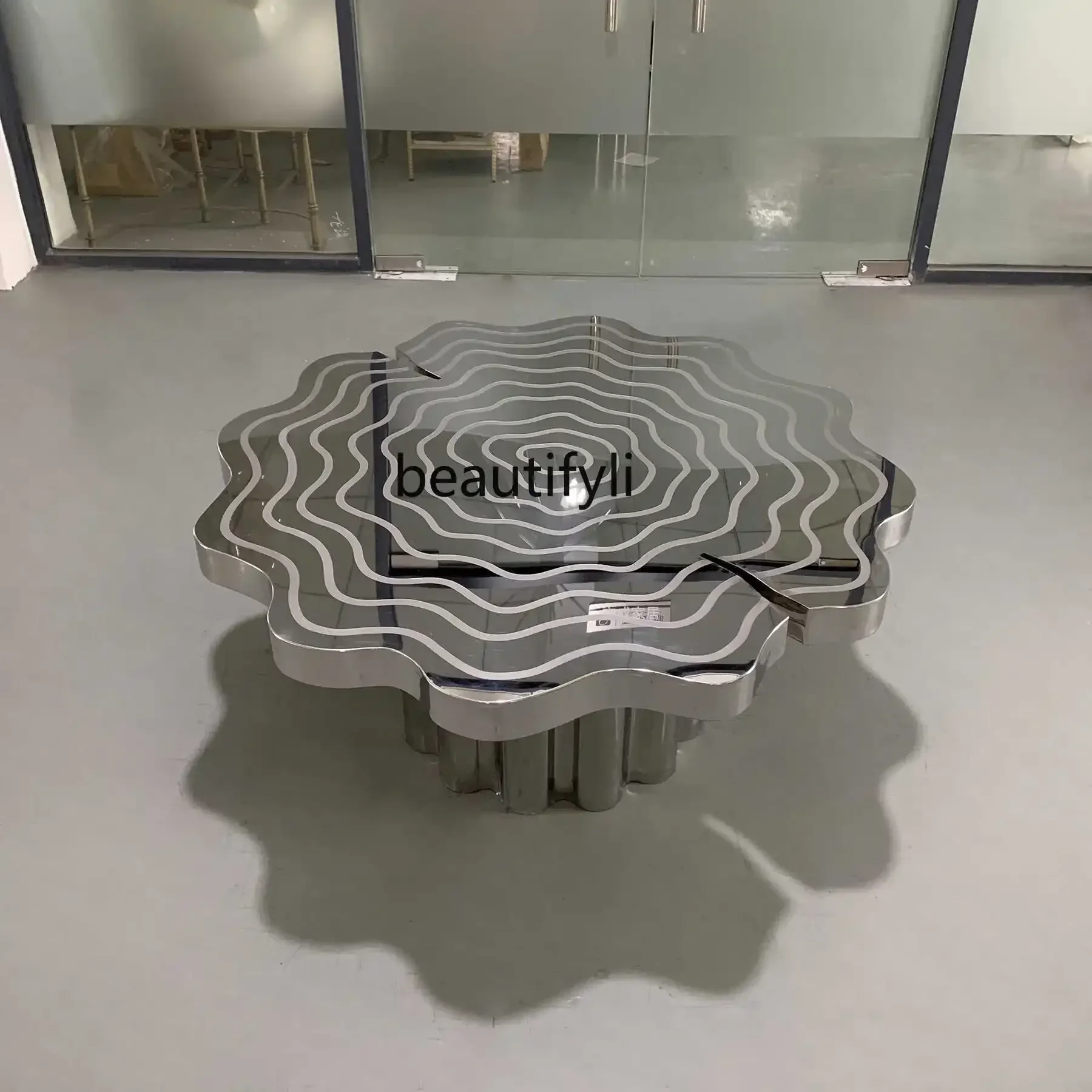

Stainless steel mirror etching annual ring special-shaped set of light luxury round table living room irregular coffee table