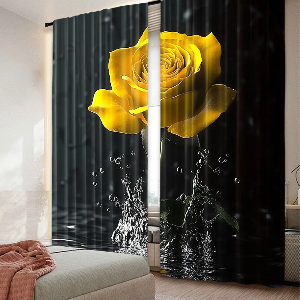 2Pcs Floral Curtain Yellow Roses In Water Black Curtain Modern Flowers Floral For Bedroom Living Room And Dining Room B