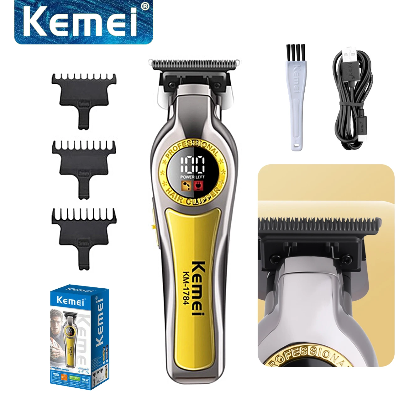 Kemei KM-1784 مشابك شعر كهربائية للرجل المهنية اللاسلكية آلة قطع الشعر أداة تهذيب اللحية الحلاق القاطع قابلة للشحن