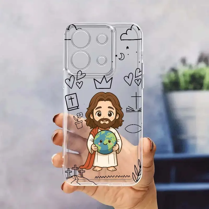Modello in stile cartone animato Gesù per Xiaomi Redmi 10 11 K30 K40 K50 K60 K70 Pro Prime Plus Ultra Zoom 5G TPU Custodia trasparente per telefono