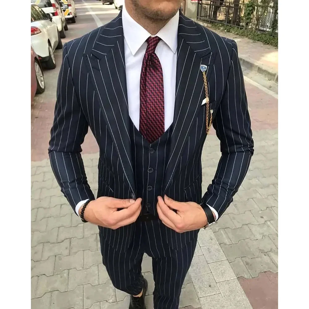 Eelgant Navy Blue Men Suits Stripe Formal Wedding Blazer Single Breasted Peak Lapel Slim Fit Outerwear 3 Piece Jacket Pants Vest