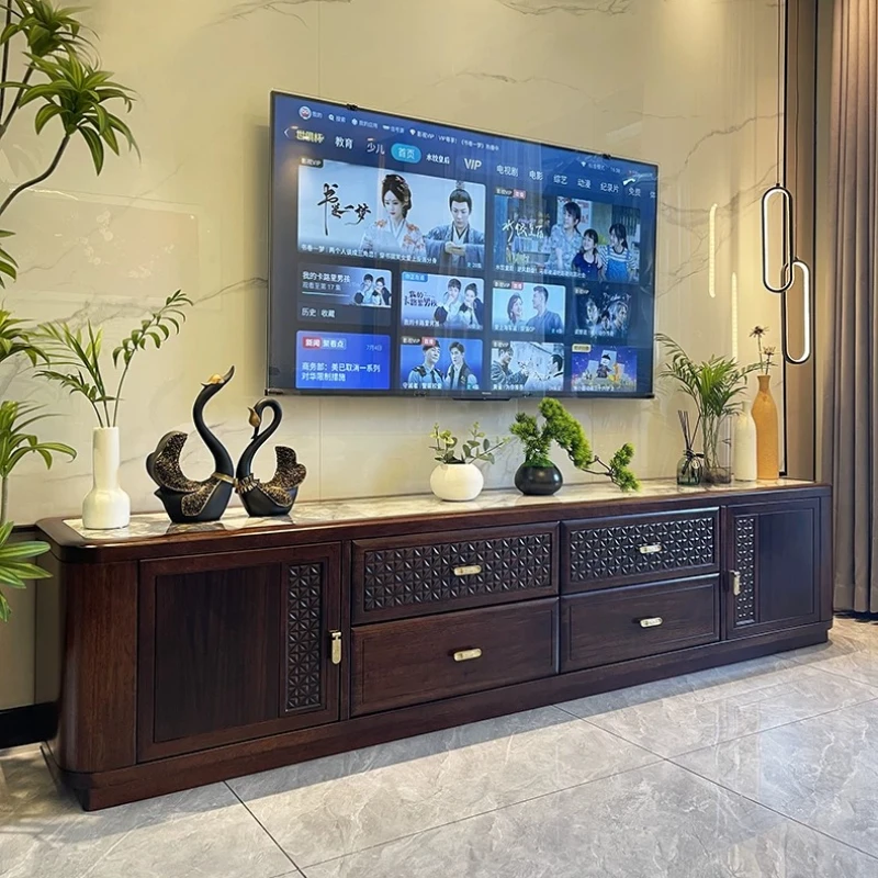 YY- New Chinese Style TV Cabinet and Coffee Table Set Ebony Wood Rock Slab TV Stand Floor-standing Living Room Furniture