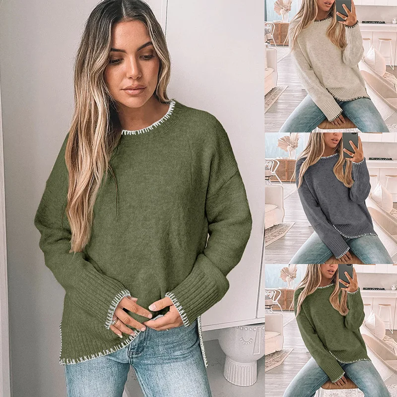 

Popular Autumn Hot Selling Simple Commuting Casual Pullover With Edge Round Neck Knitted Sweater