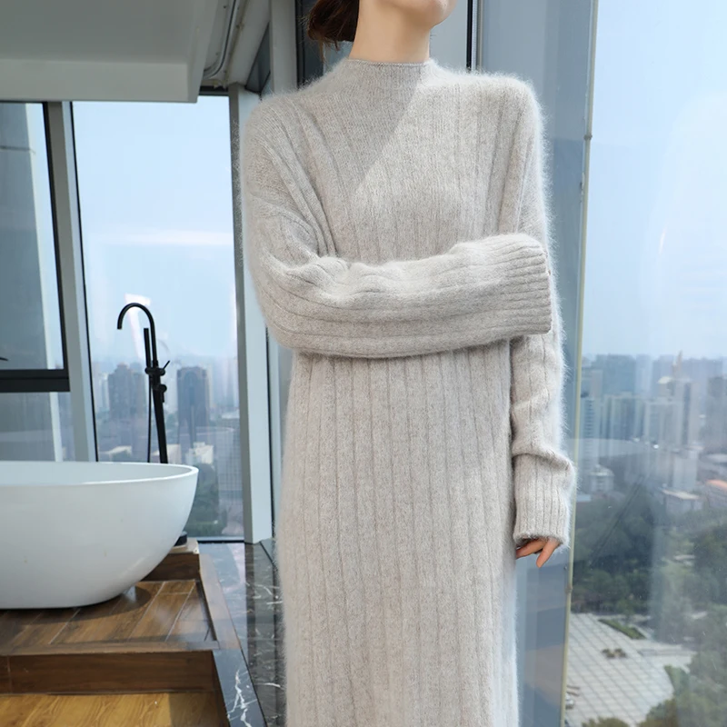 

Мягкий 100% норковый кашемировый эластичный свитер, пуловер, женский трикотаж с воротником-стойкой и длинными рукавами, базовое элегантное теплое длинное платье