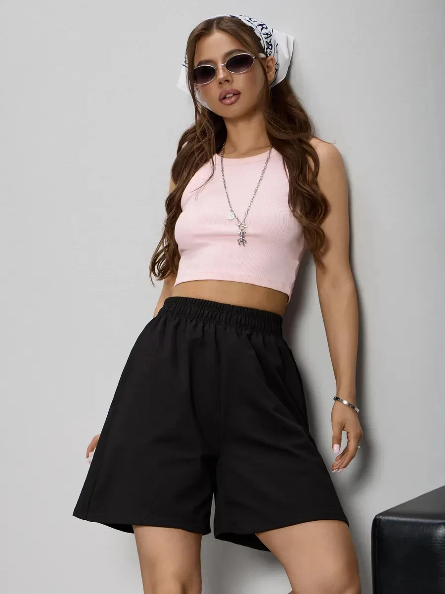 Women'S Casual Solid Color Machine Washable Fabric with Drawstring Pocket Shorts Suitable for Daily Casual Outing