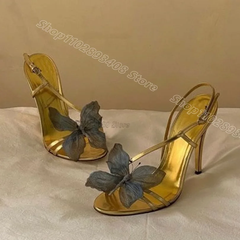 

Gold Butterfly Decor Stiletto Sandals Open Toe Ankle Buckle British Style Summer New Fashion Elegant Shoes Zapatos Para Mujere