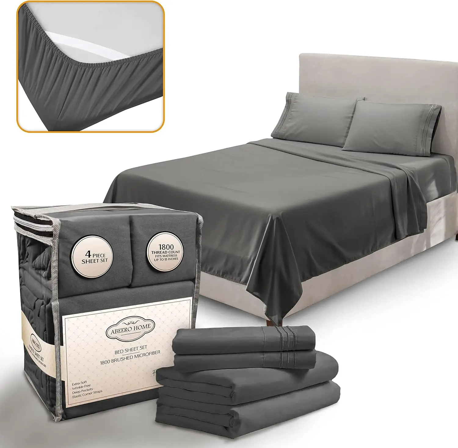 

Комплект постельного белья Queen Size класса люкс для отелей - мягкая охлаждающая микрофибра с эластичными ремнями, глубокими карманами, серый цвет