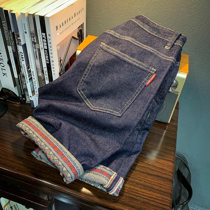 Dark Blue Denim Shorts Male2024New Retro Patchwork Curling Breathable Washed Elastic Casual Primary Color Pirate Shorts