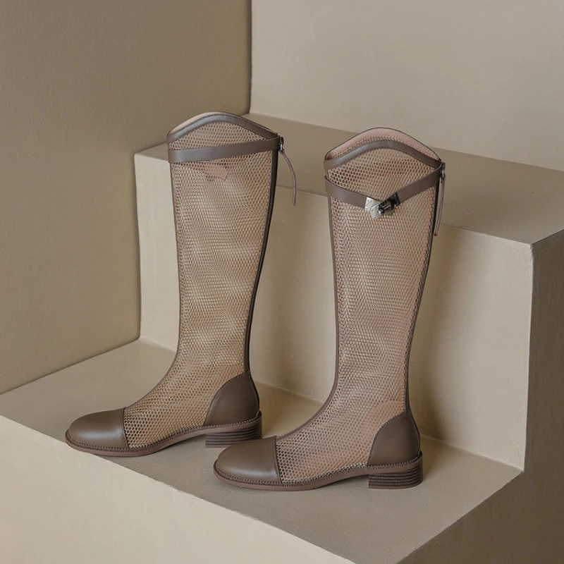 Female Summer Knee-high Mesh High Boots Women Breathable Mesh Knight Boots Thick Heel High Top Motorcycle Boots Botas Mujer