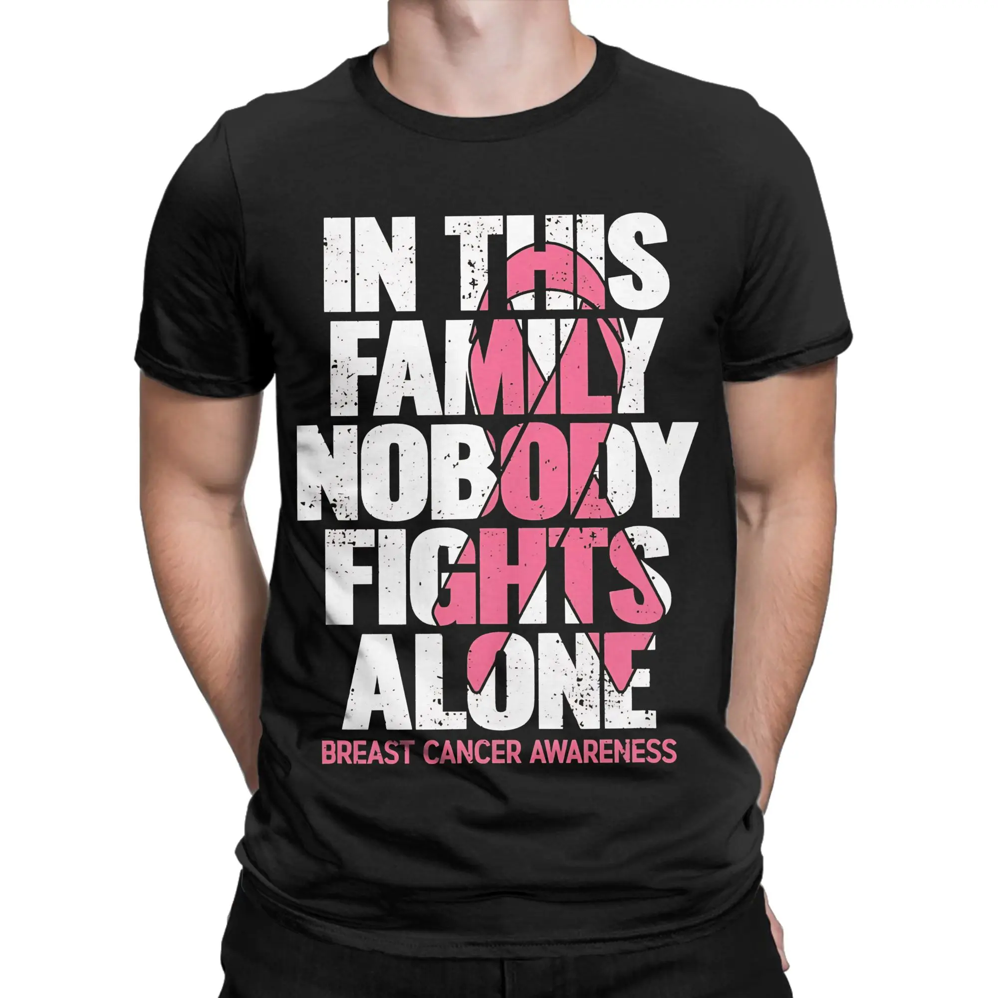 In This Family Nobody Fights Alone Classic Breast Cancer Awareness Funny Graphic 100% Cotton T-Shirt Tops Tees For Men
