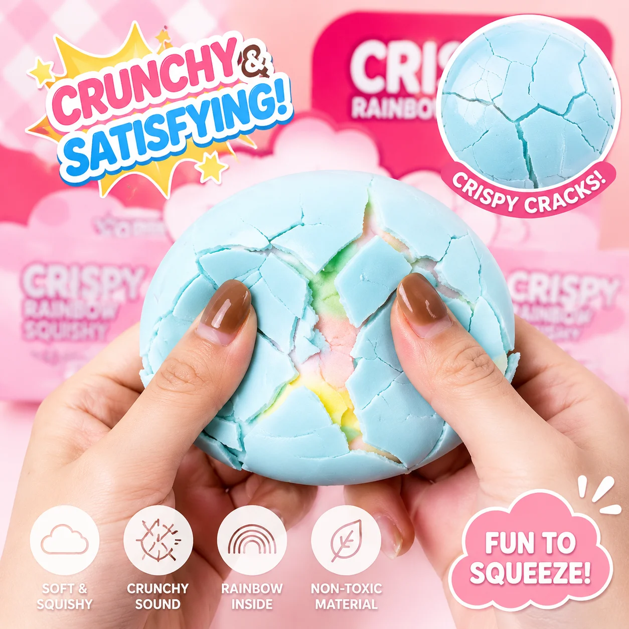 Crispy Crack Shell Macaron Squishy Toy Rainbow Soft Foam Core Stress Relief Squeeze Fidget Toy