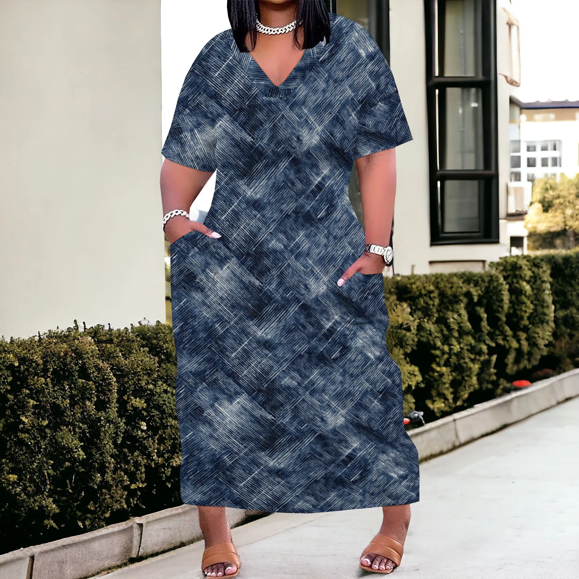 

SheFirstStyle Plaid Patchwork Maxi Dress Women's Plus Size S-4XL V-Neck Casual Dress with Pockets for Daily Wear