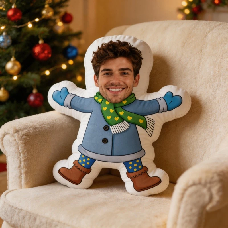 Custom Photo Shaped Pillow, Personalized Face with Winter Coat & Scarf Decorative Cushion, Unique Home Decor Accent for Sofa & B