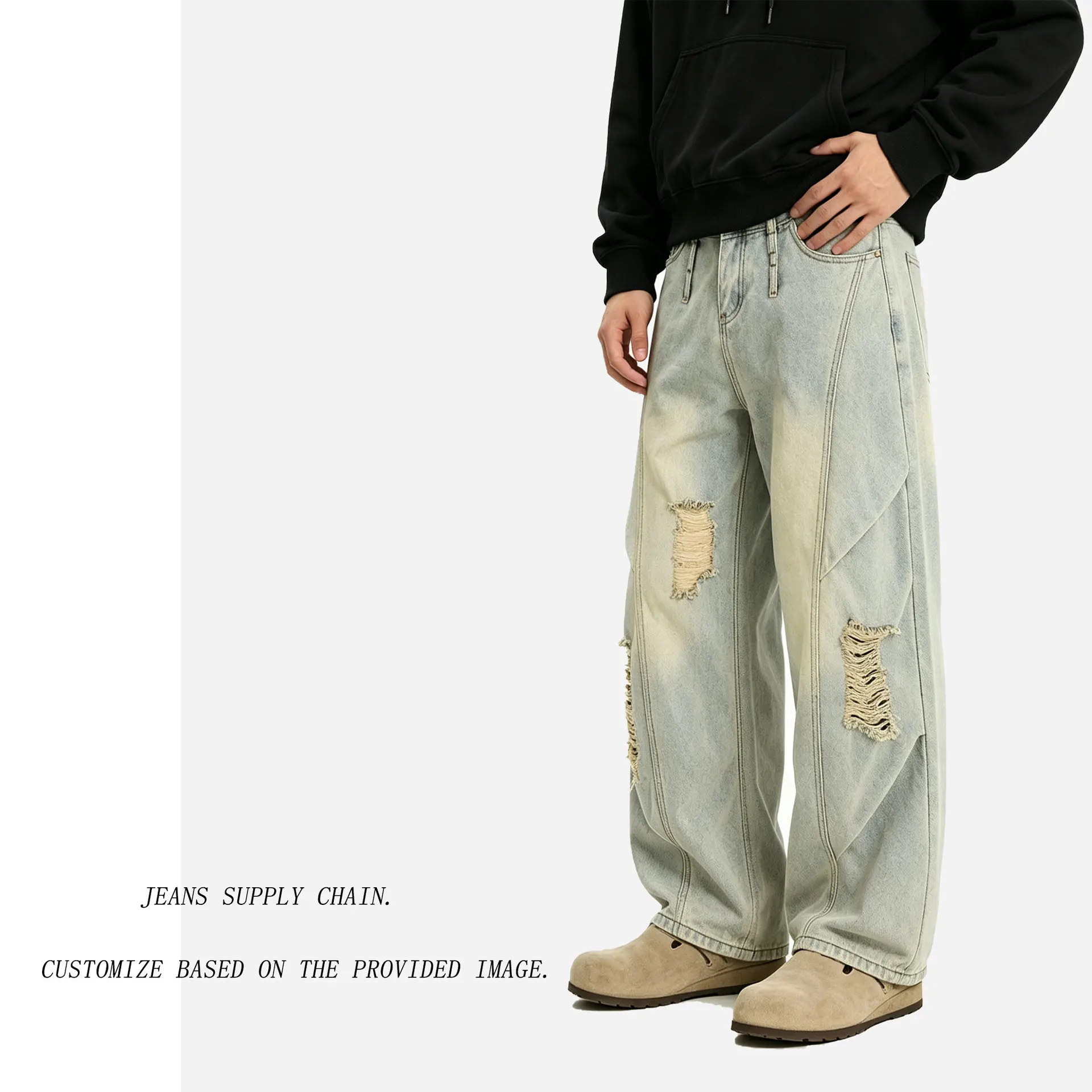 Four Seasons American Men Light Blue Wash Hole Patched Wide Leg Straight Simple Basic Denim Trousers Male Jeans Pants Clothes