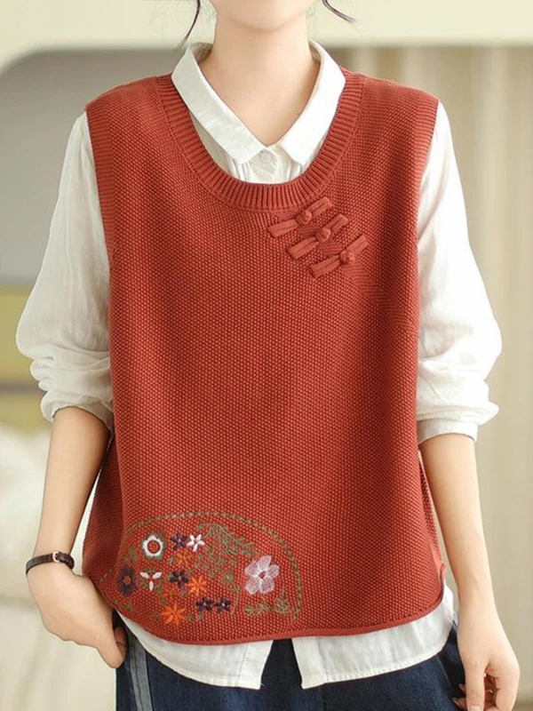 Loose Knitted Sleeveless round Neck Embroidered Button Vest Women's Fashion Spring New Style Casual Comfortable Top