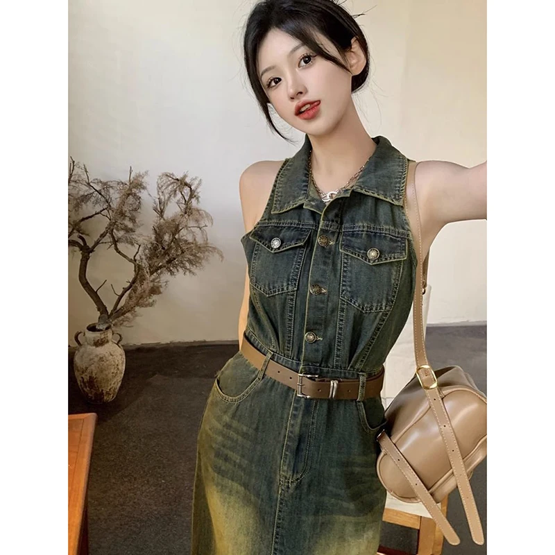 Vestido tipo chaleco vaquero Vintage Y2k para mujer, cintura con solapa, un solo pecho, vestido a la cadera con bolso en contraste, vestidos vaqueros largos divididos, verano, nuevo