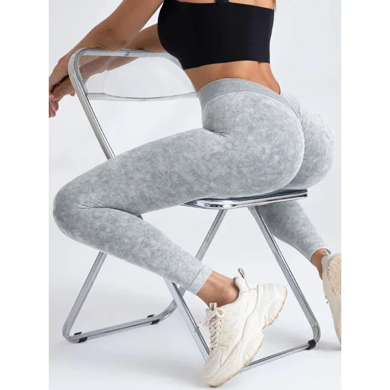 Push Up High Waist Sports Leggings Stretch Athletic Women Sexy Pants Seamless Sand Washed Denim Gym Leggings Femme